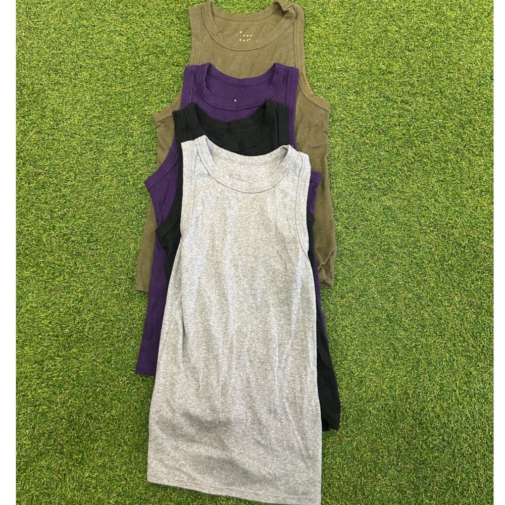 A New Day Womens Ribbed High Neck Tank Top Bundle 4pk Gray Black Purple Green M